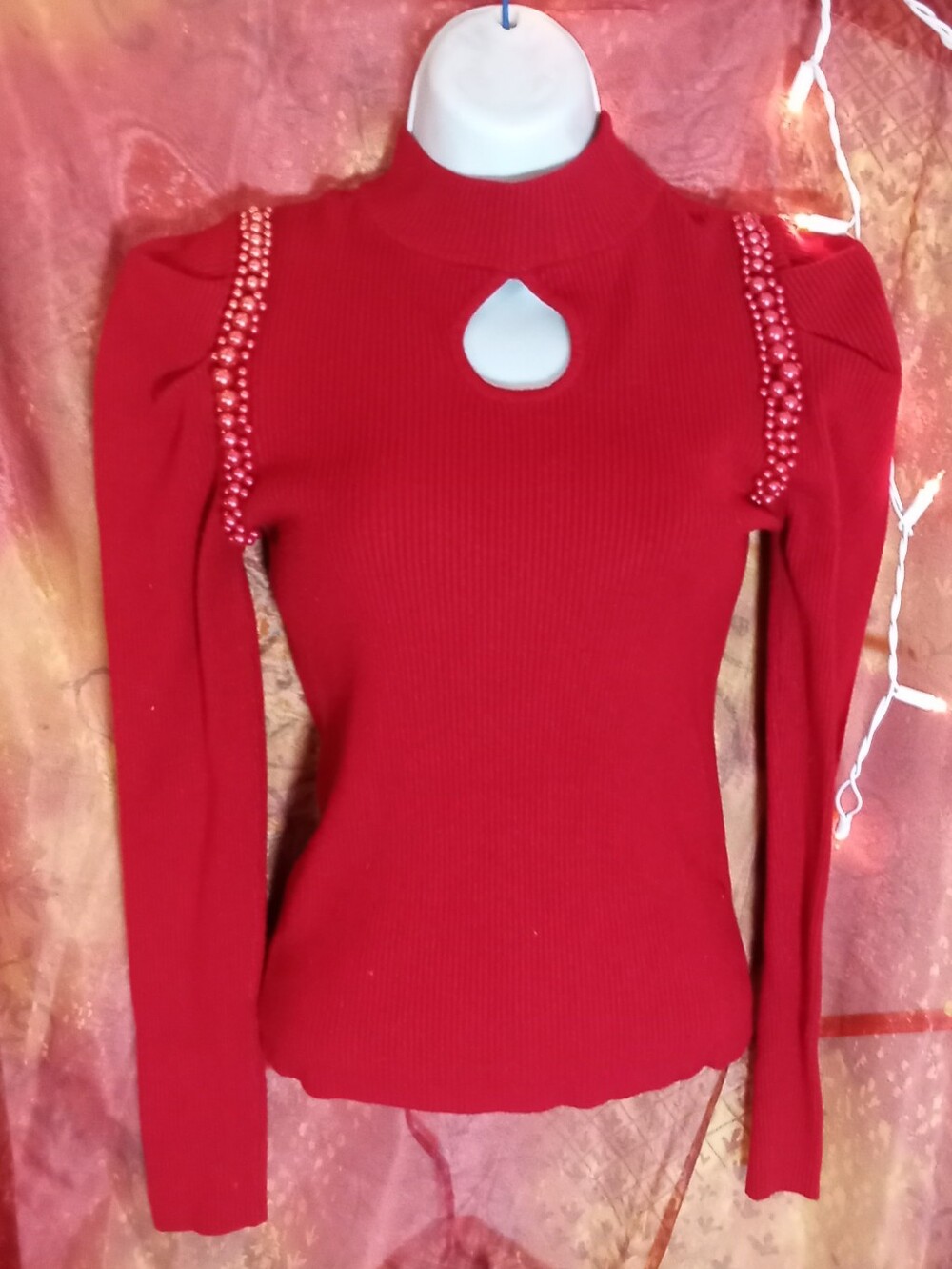 Red Pearl-Embellished Keyhole Knit Top - Ember
